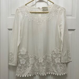 Maeve White Beaded Floral Embroidered Mesh Lace Accents Blouse Top - Size 4